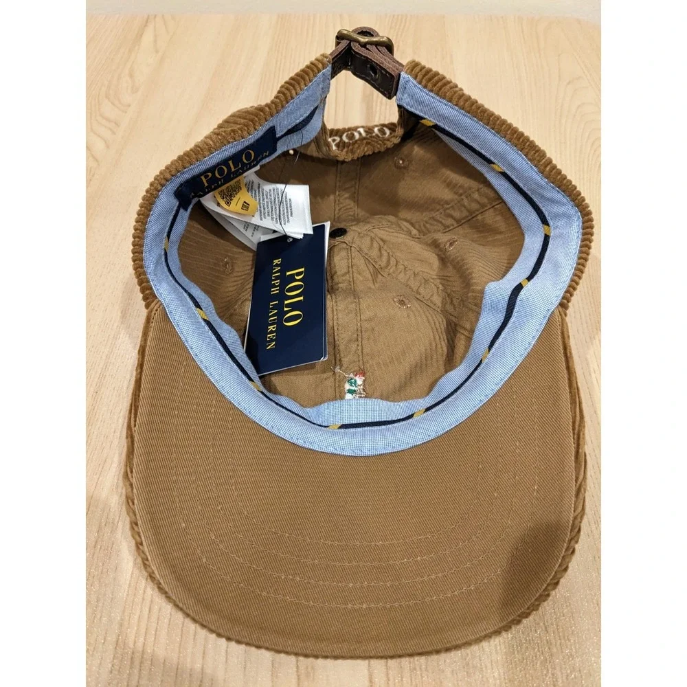 Polo Ralph Lauren Corduroy Pony Baseball Golf Cap Hat Leather Strap Khaki
